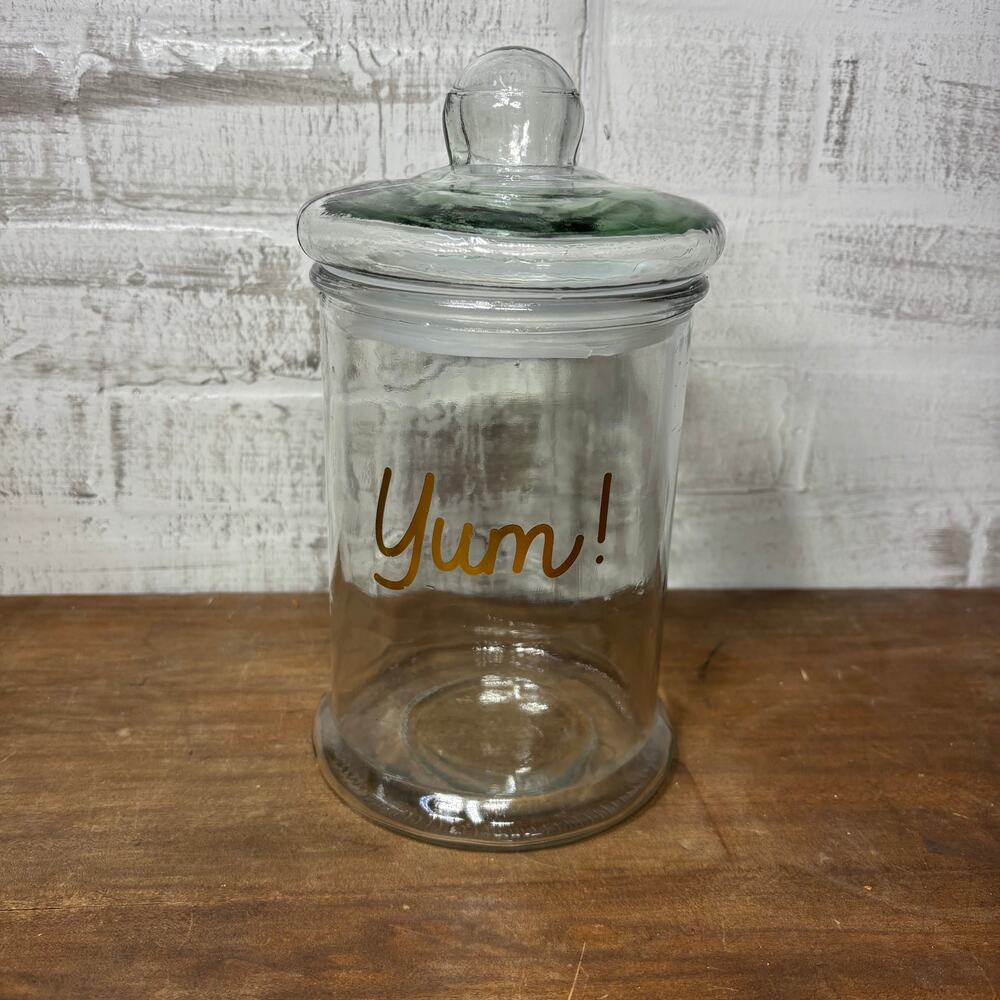 Clear Glass “Yay” Lidded Canister with Gold Lettering | 9" Tall